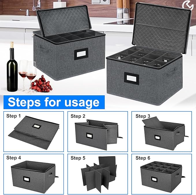 VERONLY 2 Pack Stemware and Glassware Storage Cases - Hard Shell Protection with Dividers for 24 Glasses, Stackable Moving Storage Container with Label & Handles - Crystal Glass - Dark Gray