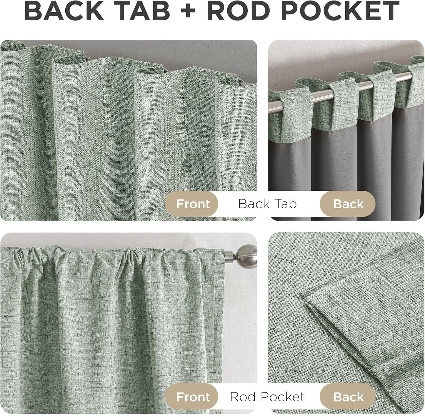 Joydeco 100% Blackout Curtains for Bedroom - Natural Linen Curtains 100" W x 108" L Long, Thermal Insulated 1 Panels Sage Green Light Blocking Drapes, Rod Pocket & Back Tabs for Living Room