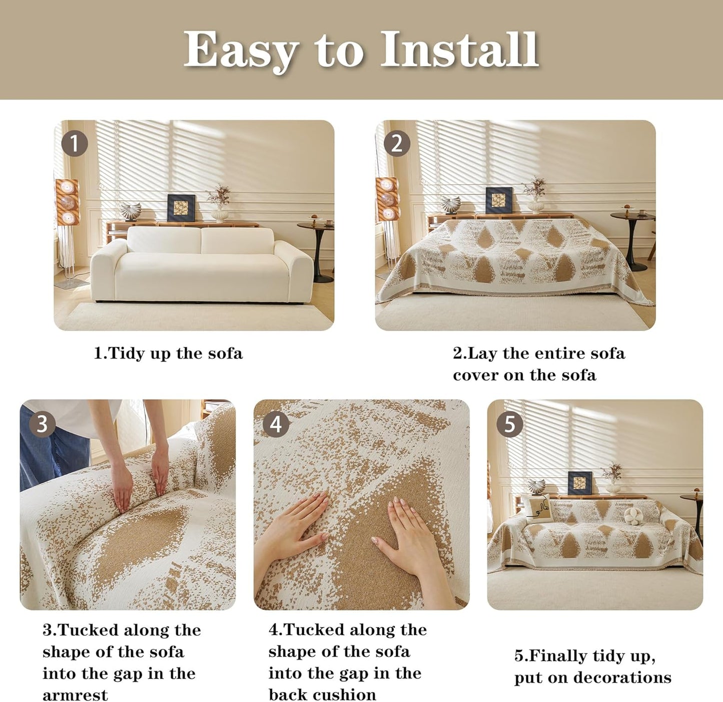 MYSKY HOME Sectional Couch Cover Khaki Geometric Rhombic Sofa Covers for Sectional Sofa L Shape Chenille Couch Protector for Dogs Pets Couch Throw Cover Washable Durable for Home Decor, 71" X118"