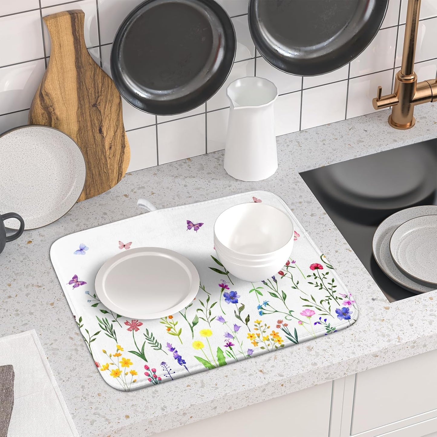 Watercolor Floral Dish Drying Mat for Kitchen Counter 16x18 Inch Spring Summer Wild Flower Butterfly Absorbent Reversible Microfiber Dish Drainer Rack Mats Countertops Protector Mat