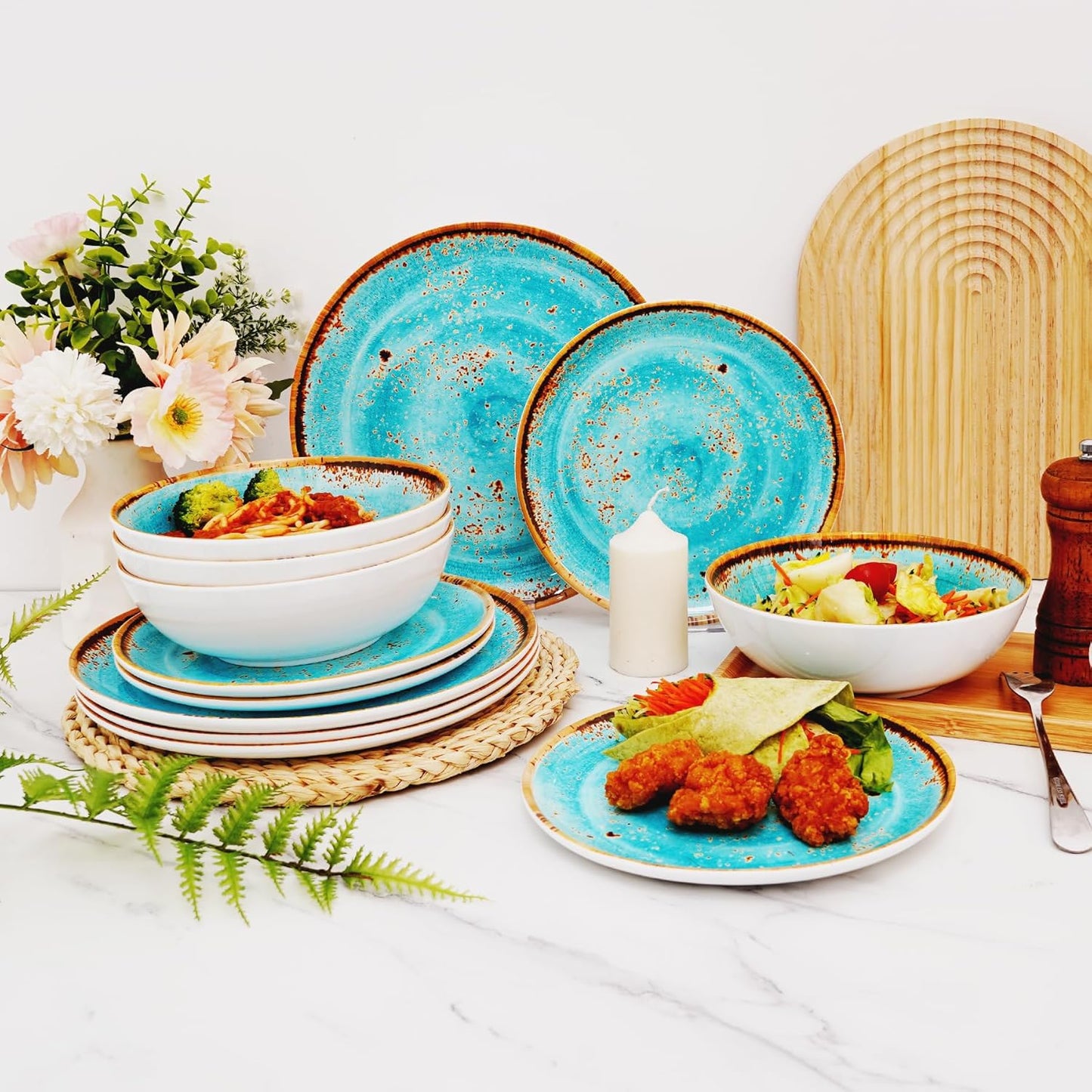 TP 12-Piece Dinnerware Set, Melamine Dishes Set with Bowls and Plates, Non-breakable and Lightweight Dinner Service for 4, Turquoise Swirl
