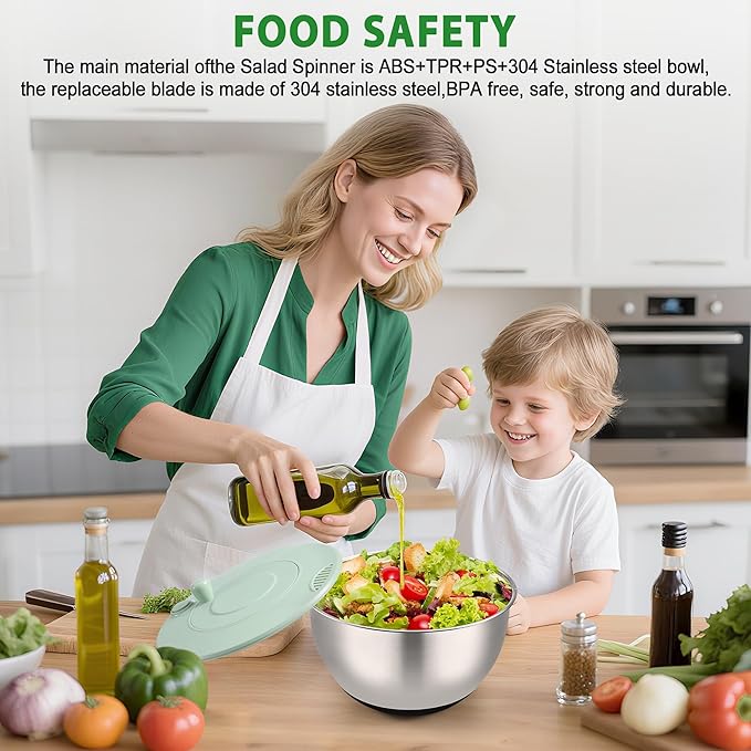 Salad Spinner Stainless Steel, 5.3-Quart Lettuce Washer Spinner for 2–3 Servings, Large Vegetable&Fruit Wash Bowl with Strainer, Includes 5-Blade Slicer — Perfect Salad Making Tool for Healthy Eaters