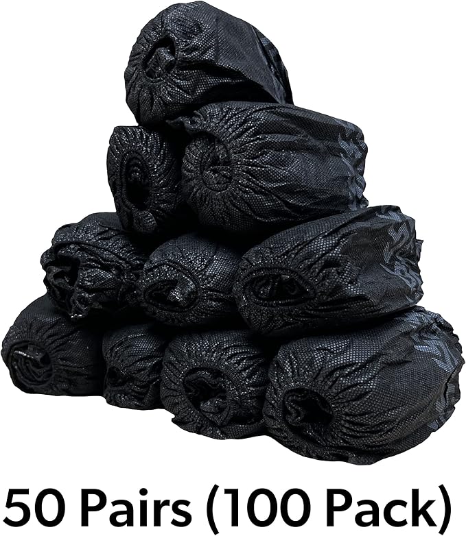 100 Pack Extra Large Black Shoe Covers Disposable. Non Slip Indoor Reusable Boot Covers. Booties with Non Skid Treads. Fits US Men's Size 14 and Women's 16