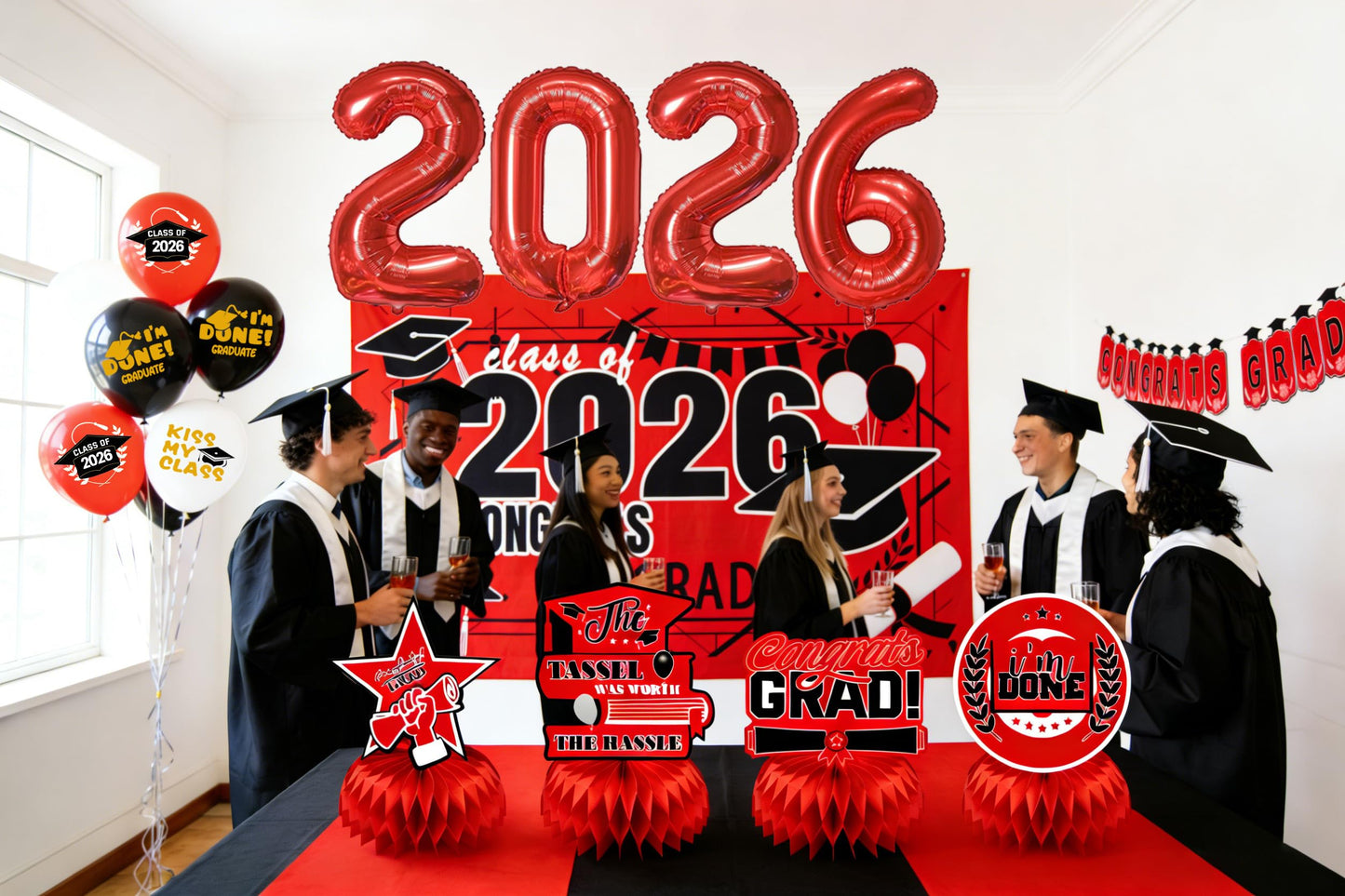 Graduation Party Decorations 2026–Black Red Grad Banner, Class of Backdrop, Balloons, Fringe Curtains and Foil Balloon, Streamers Kit–Complete Graduation for High School & College Celebrations (Red)