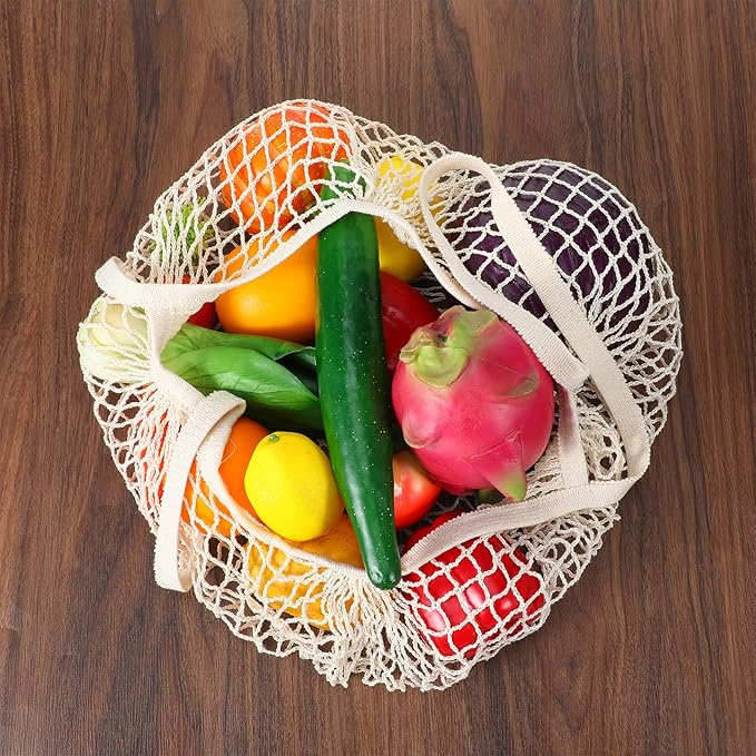 2 Pack Reusable Mesh Grocery Bags, Washable Cotton String Shopping Bag Long Handle Cotton Mesh Produce Bag for Fruit Vegetables Farmers Market