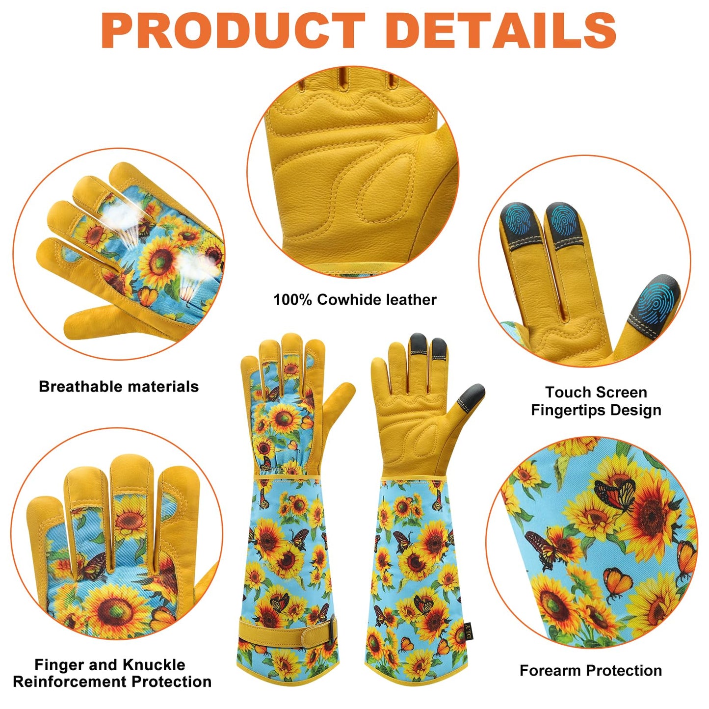 DLY Gardening Gloves for Women, Rose Gloves Gardening Thorn Proof, Long Garden Gloves for Women, Breathable Cowhide Leather Gauntlet (Medium, Blue)