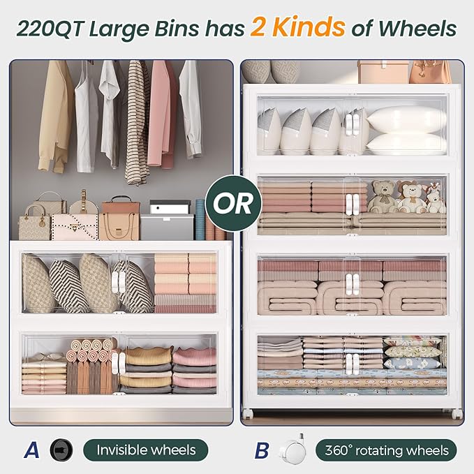 660QT Extra Large Stackable Storage Bins with Lid, 165Gal Collapsible Closet Organizer Box with Wheels, Folding Plastic Storage Cabinet with Doors for Home Kitchen Office Dorm, 3Pack White