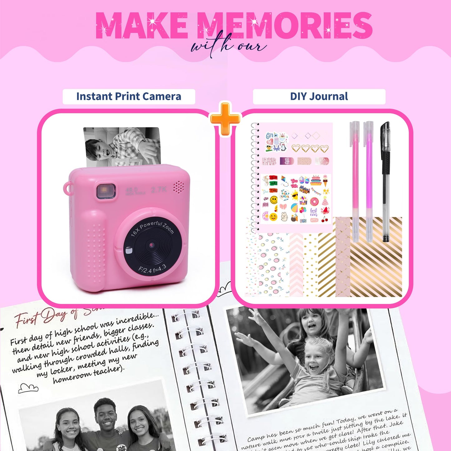 FINcredible Photomaker Kit - Instant Print Camera for Kids Plus DIY Journal Kit for Girls - 150 Pcs Tween Journal & Camera for Girls - 6 7 8 9 10 11 12 13 14 Year Old Girl (Pink)