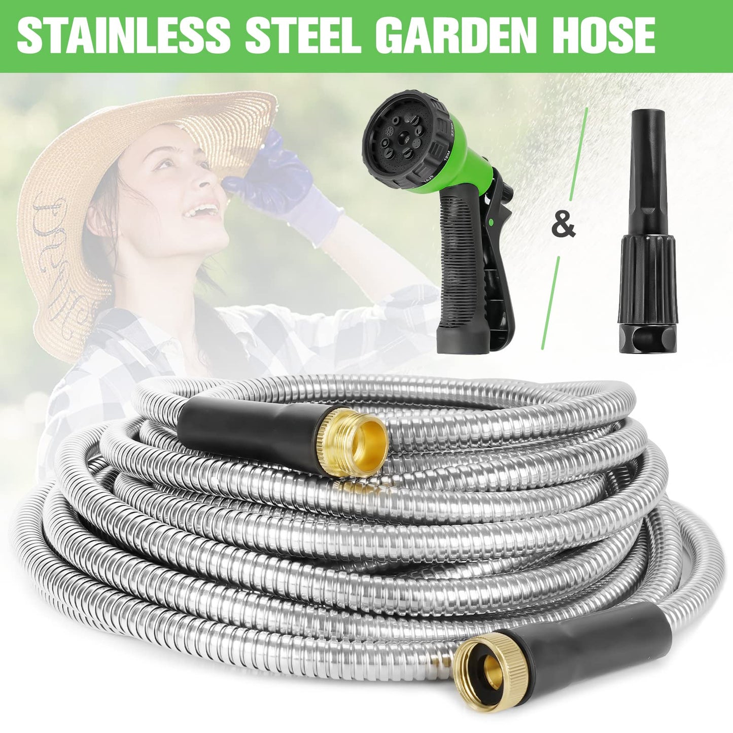 TVKB Metal Garden Hose 25ft Stainless Steel Metal water Hose Super Tough & Flexible Water pipe Lightweight, Crush Resistant Aluminum Fittings, Kink & Tangle Free, Rust Proof