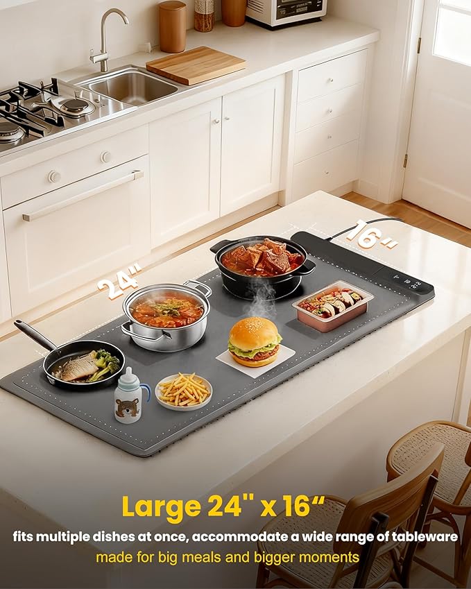 Graphene Large Food Warming Mat 500W 24"x16" with Insulation Pad for Countertop, Chafing Dishes for Buffet, Food Warmers for Parties, Hot Pads for Kitchen, Portable Heating Pad, Custom Setting, Grey