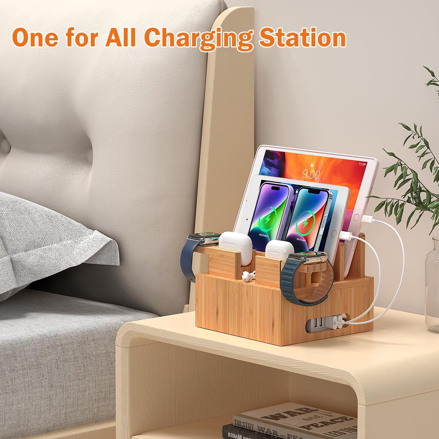 Pezin & Hulin Bamboo Charging Station Organizer For Multiple Devices, Desktop Docking Station Compatible With Phone, Tablet, Ear