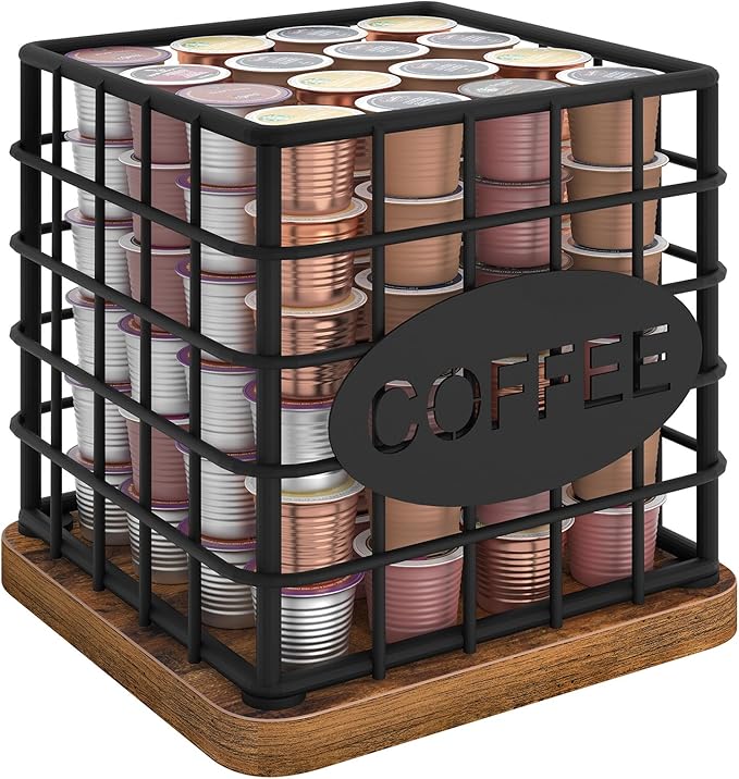 Coffee Pod Holder for K Cup, Large Capacity Coffee Pod Organizer, Versatile Coffee Capsule Storage Basket with Wooden Base, Rustic Brown KH10BR