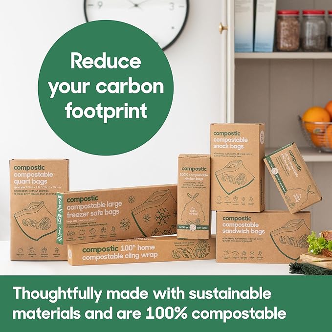 Compostic Home Compostable Resealable Snack Bags (6"x 3.5"), Microwave & Freezer Safe, Organic Food Storage Container, 60 Count