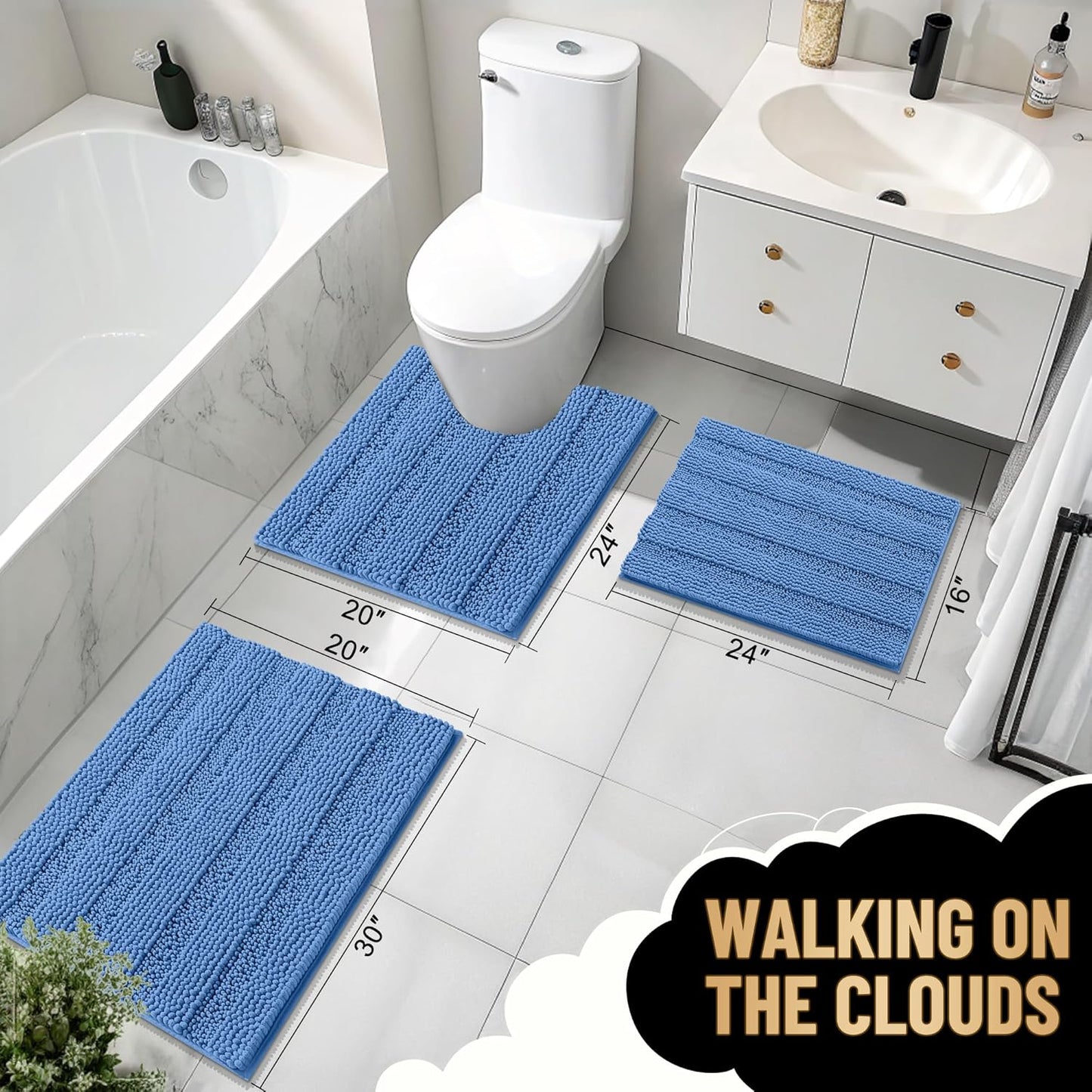 OLANLY Thick Bathroom Rugs 24x16, Extra Soft Absorbent Chenille Striped Bath Rugs, Rubber Backing, Machine Wash, Bath Mats for Bathroom Floor, Tub and Shower, Home Decor Accessories, Cornflower Blue