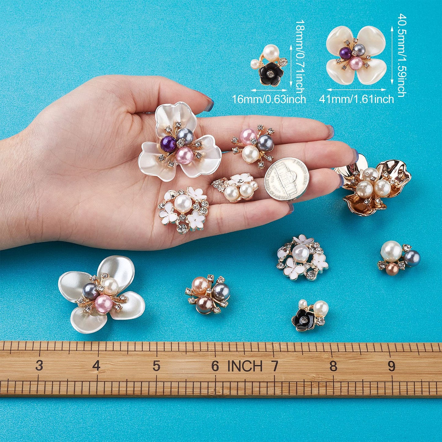 Craftdady 38pcs Rhinestone Pearl Embellishments Mixed Colors Faux Pearl Flower Flatback Cabochon Buttons for Brooches Hairband Jewelry Crafts Making