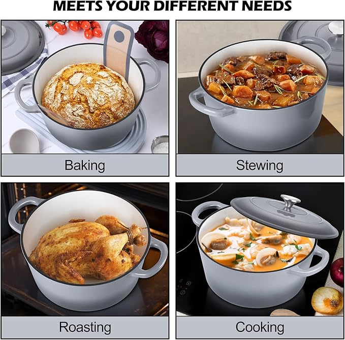 TeamFar Enameled Cast Iron Dutch Oven, 6QT Nonstick Dutch Oven Pot with Lid & Dual Handles for Bread Baking Cooking Braising Simmer Roasting, Non Toxic & Heavy Duty, Multi Stoves & Oven Safe - Gray