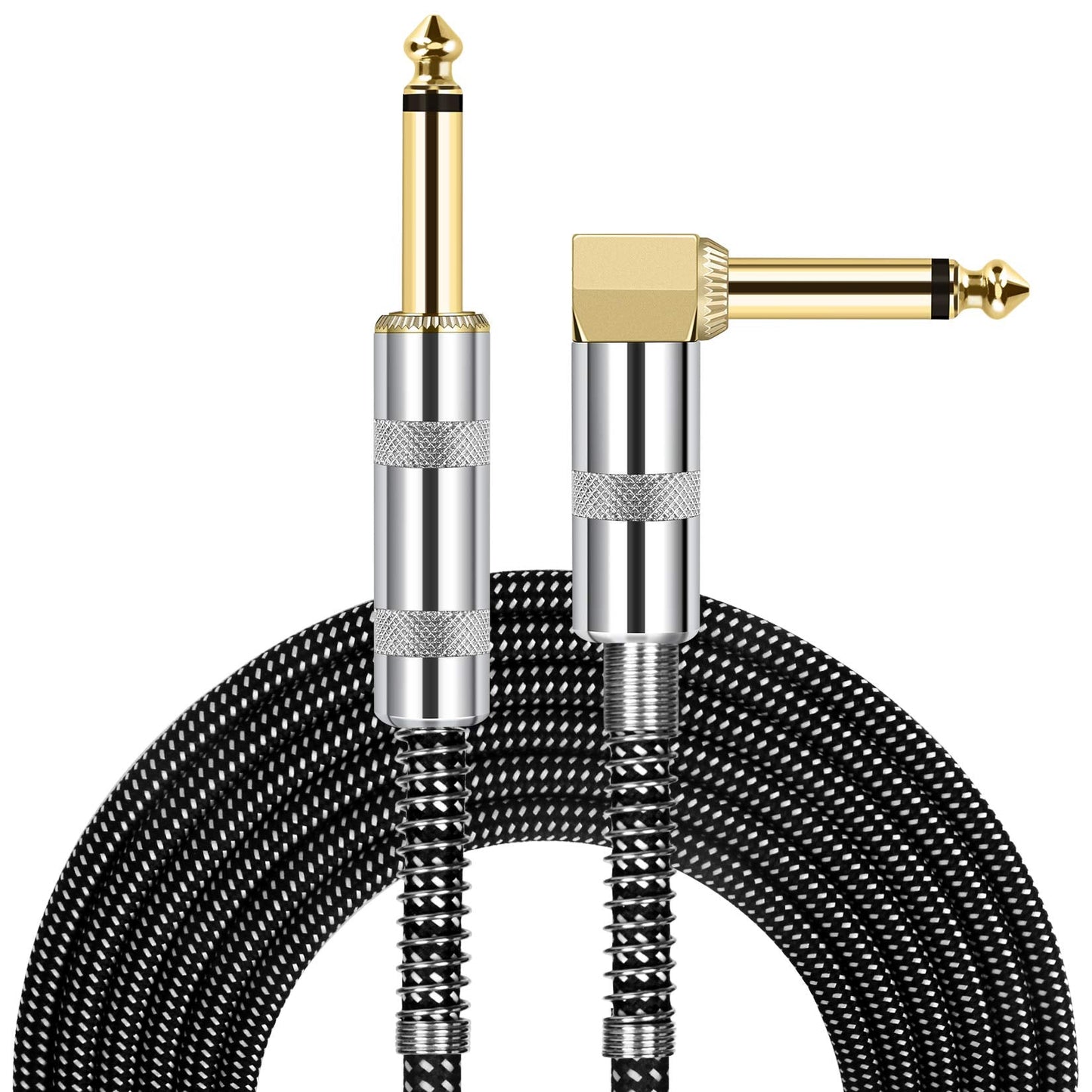 JOLGOO Guitar Cable, 1/4 Inch Cable 10 Ft, Straight to Right Angle 6.35mm Plug Bass Keyboard Instrument Cable, Black and Gray Tw