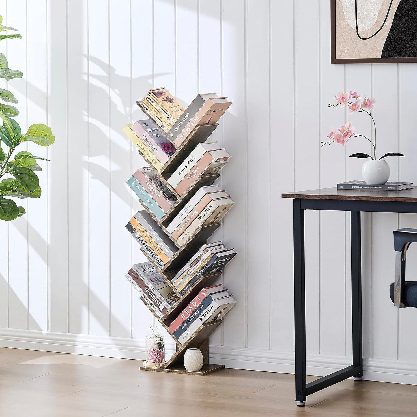 Hoctieon 10 Tier Tree Bookshelf, 10 Shelf Bookcase, Free Standing Tree Bookcase, Display Floor Standing Shelf for Books, Book Organizer Shelves for Home Office, Living Room, Bedroom, Greige
