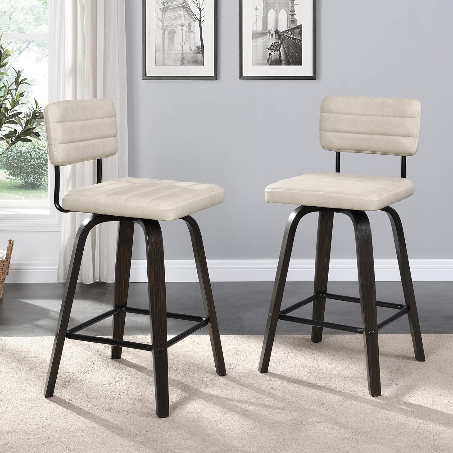 Swivel Bar Stools Set of 2, Counter Height, Wooden Frame, PU Leather Cushions, Beige