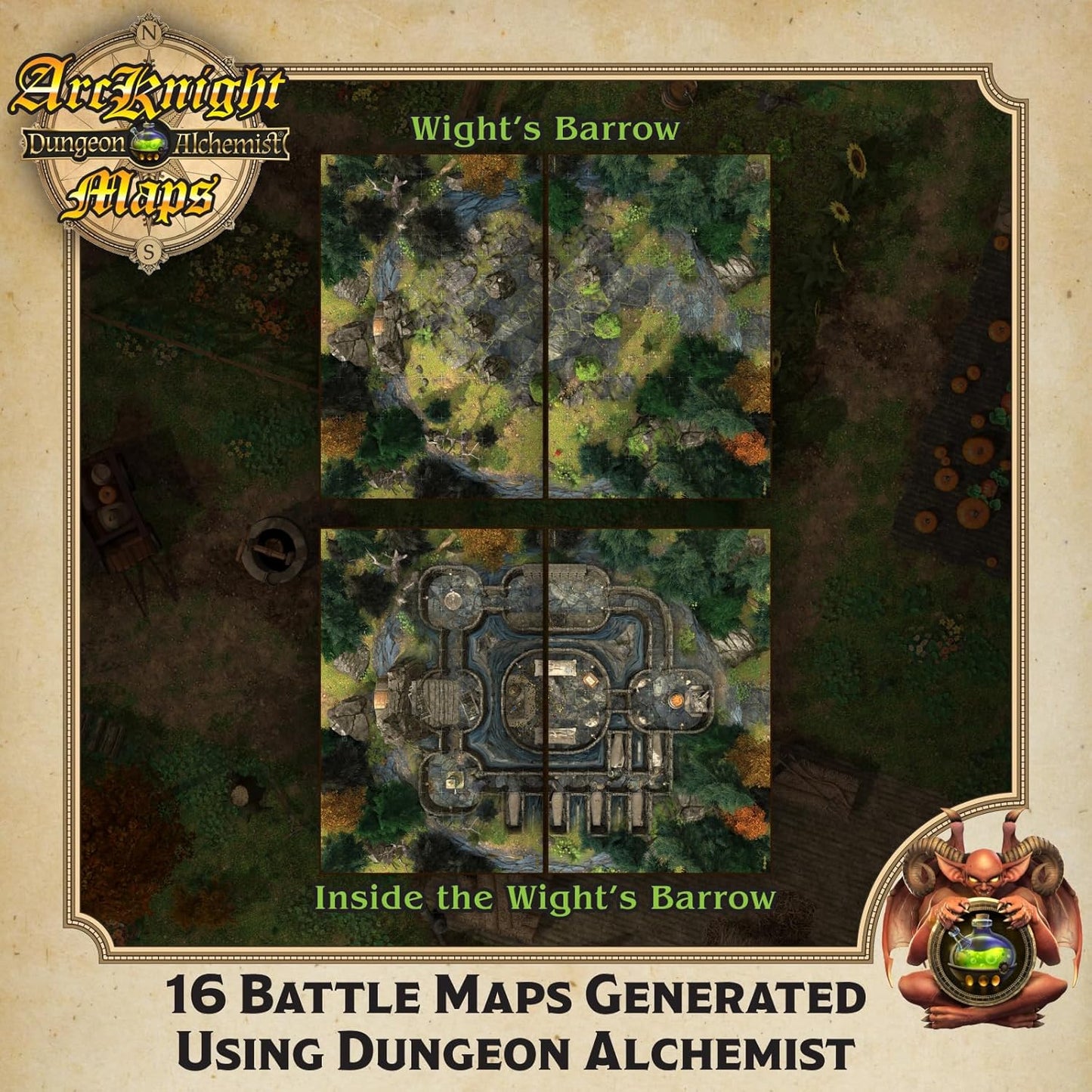 Arcknight The Vale of Adventure Roleplaying D&D Battle Map; 16 Modular RPG Maps in 8 Double-Sided Pages, 1" Square Grid, Modular & Versatile DND Map for ttrpg Gaming - for Dungeons & Dragons