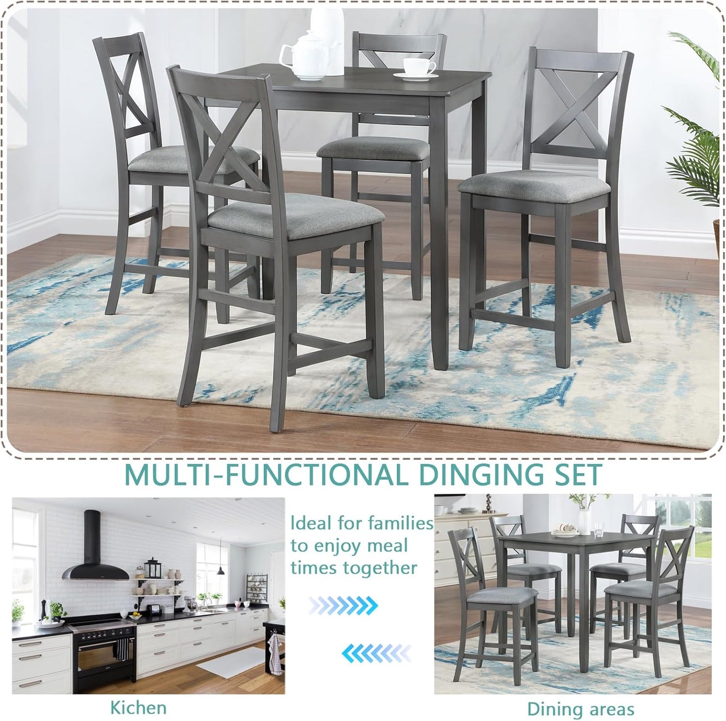KEIKI 5-Piece Counter Height Dining Table Set with Square Table and 4 Upholstered X-Shaped Backrset Chair, for 4 Person, Modern Style Wooden Table Set, Easy Assembly, for Kitchen, Dining Room, Gray