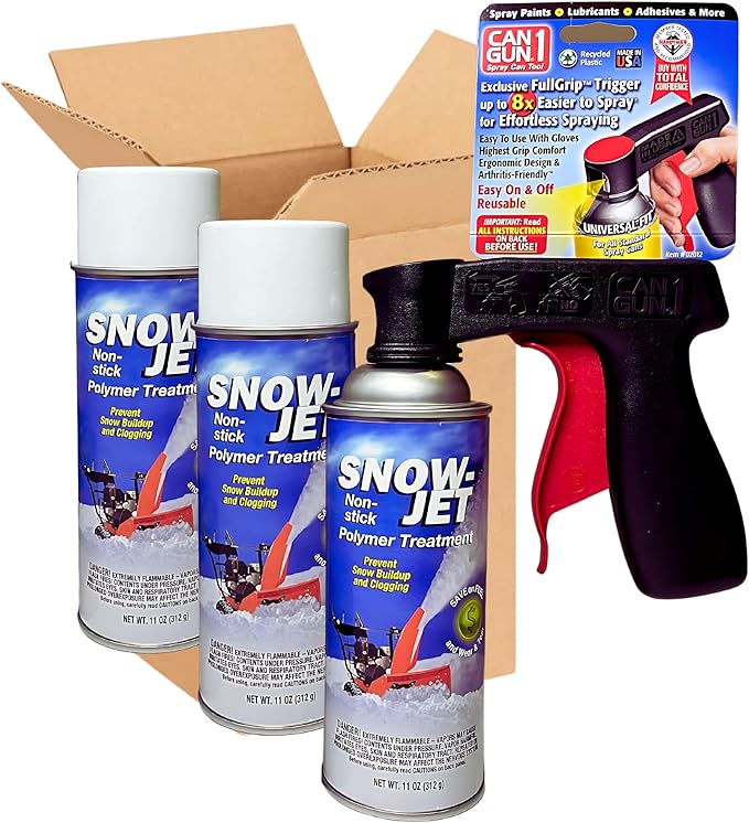 Snow Jet Spray with Can Gun (Pack of 3) 11 oz Aerosol Cans - Non Stick Snow Spray for Shovels, Plows, Snowblowers - Universal Fit - Red Plastic Gun