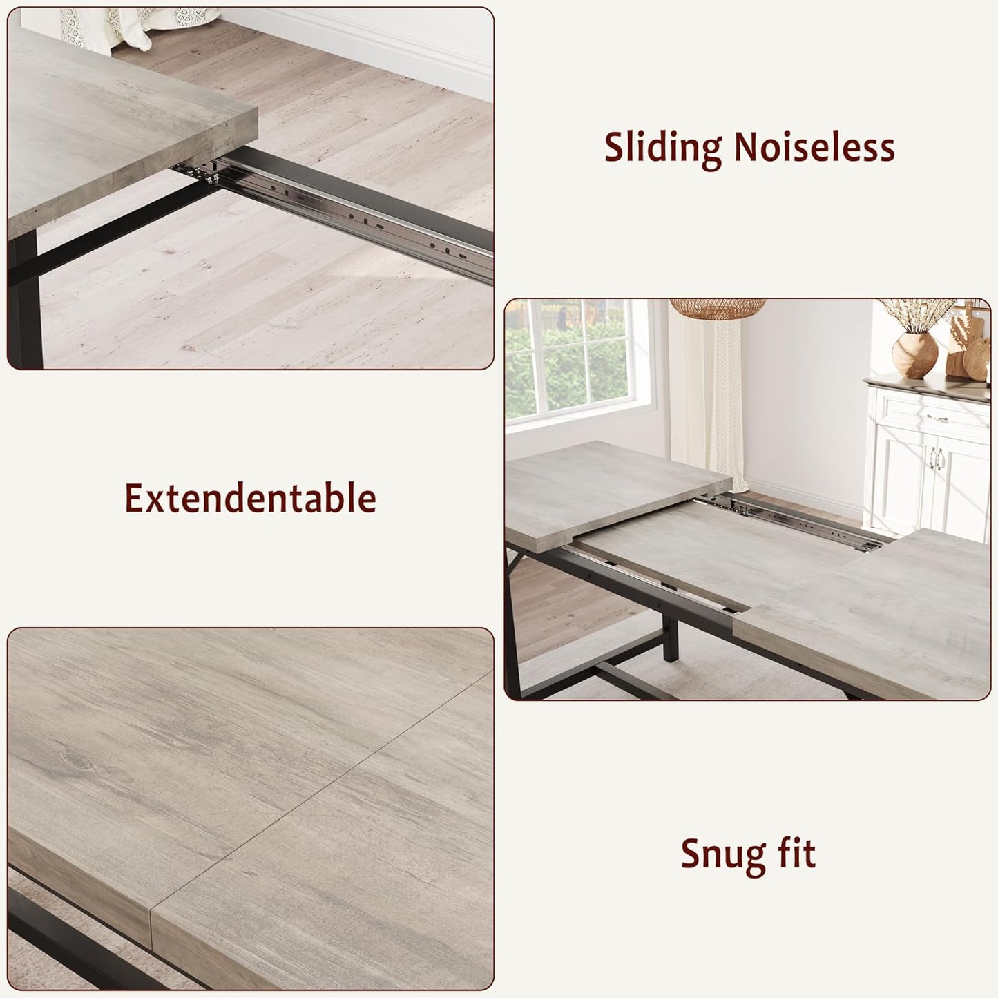 GarveeHome Dining Table Set for 4-6, 63" Extendable Wood Dining Room Table with Corner Protector & 2 Upholstered Benches, Kitchen Table Set for Apartment, Small Space, Easy Assembly,Retro Gray