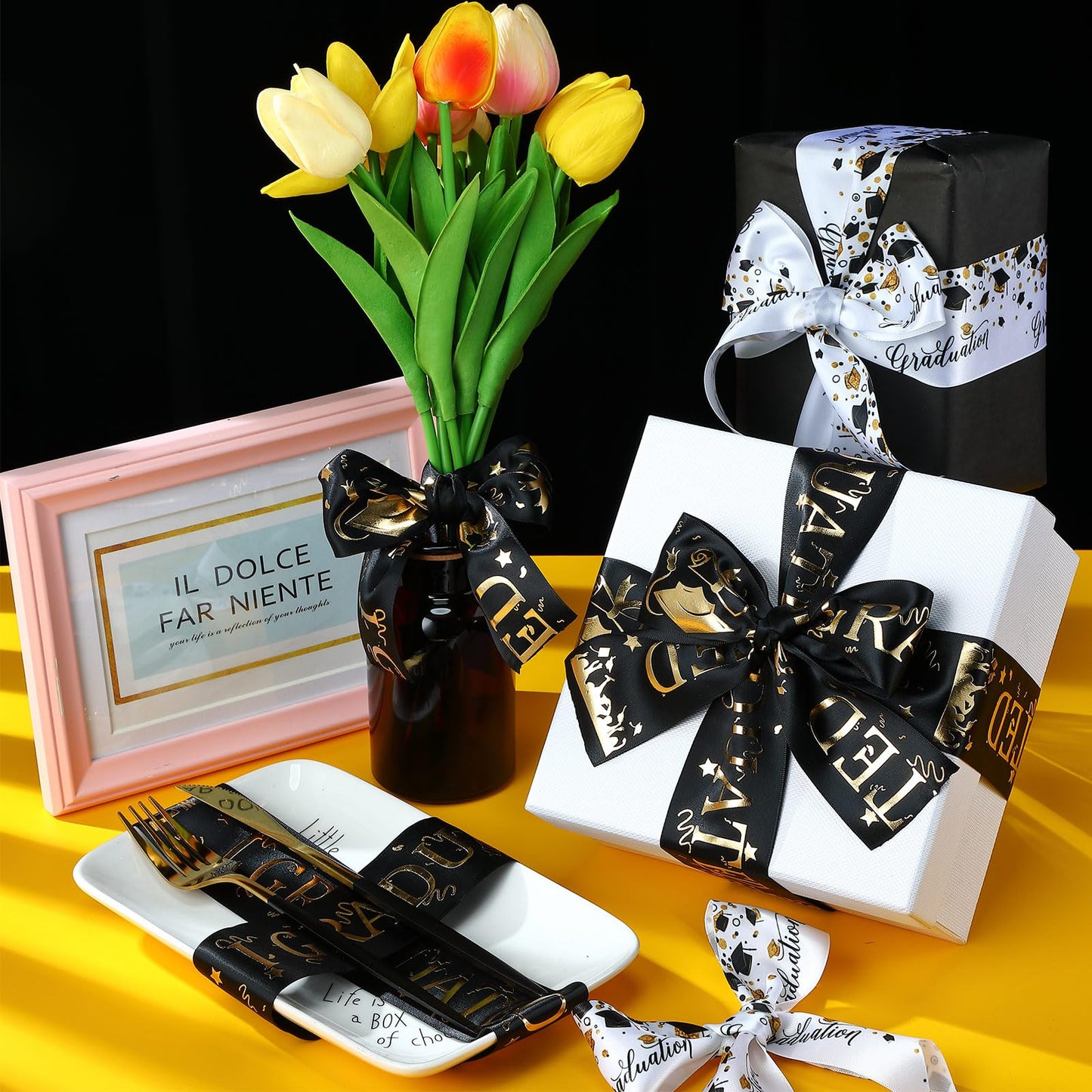 WILLBOND 2 Rolls Class of 2026 Graduation Craft Ribbons 7/8 Inch x 10 Yards Congrats Grad Black White Gold Satin Ribbon for Graduation Party Favors Ribbon for Wrapping Gifts Headband Bow