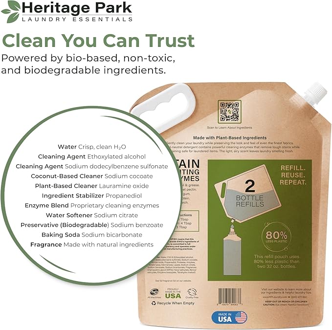 Heritage Park All-Purpose Shore Breeze, Lightly Scented, pH-Neutral Laundry Detergent - Stain-Fighting Enzymes, Ultra Concentrated (64 fl oz Refill Pouch)