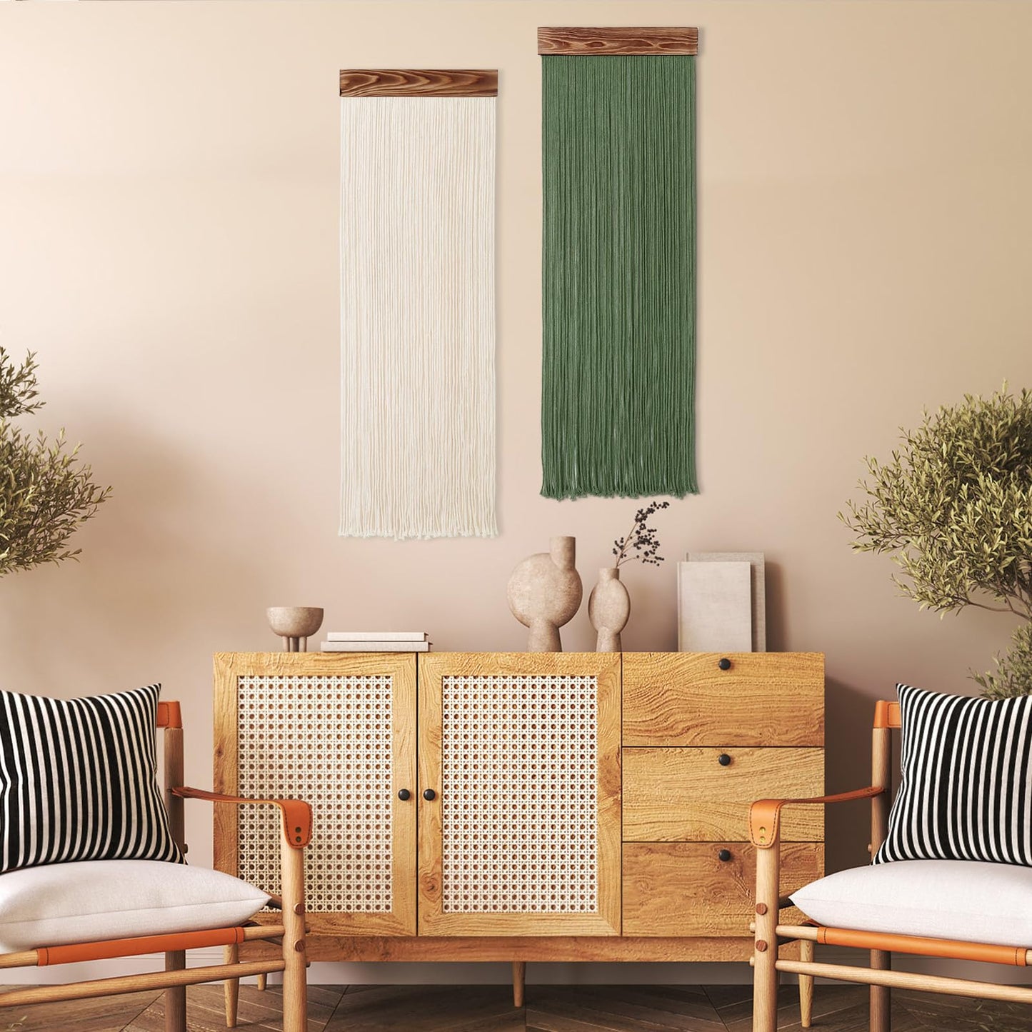 KHOYIME Macrame Wall Hanging Boho Chic Home Decor, 2PCS Bohemian Green Beige Tassel Yarn Tapestry Modern Handmade Large Wall Art Decorations for Living Room Bedroom Nursery Backdrop 11.8''W x 36''L