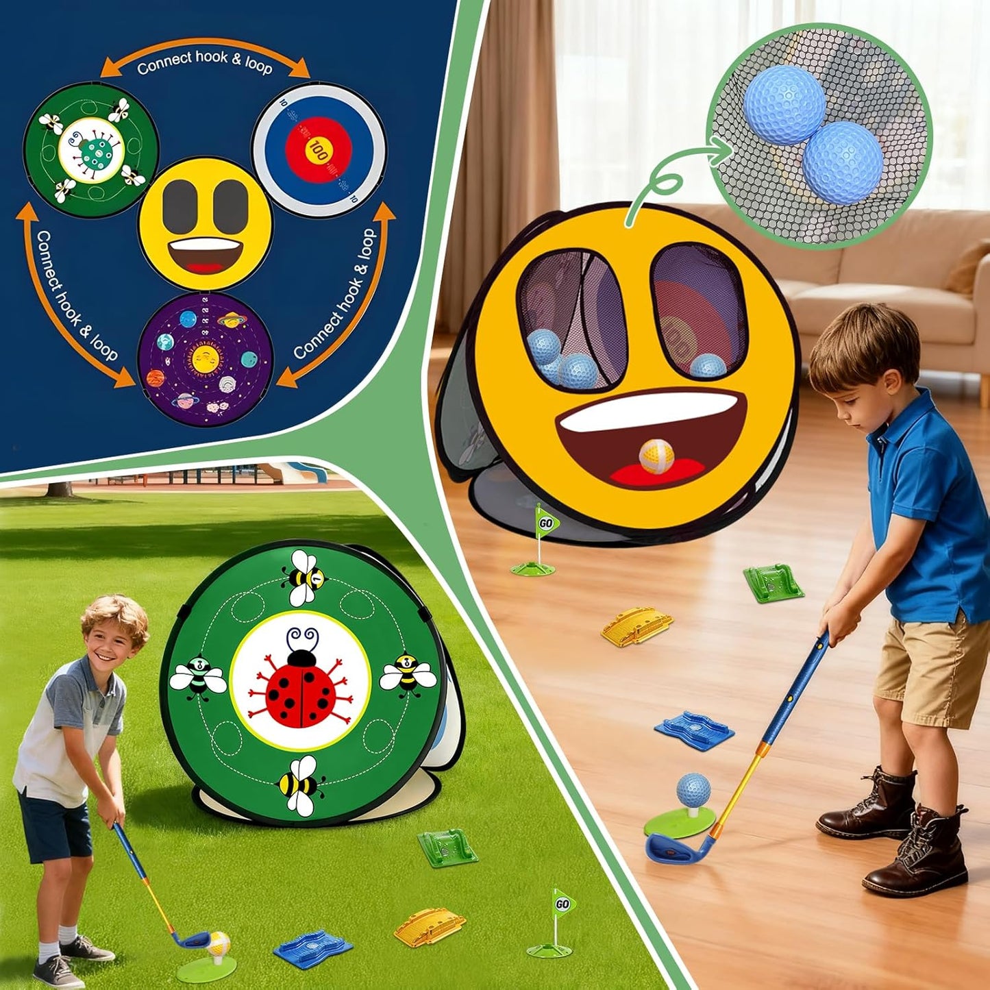 Kids Golf Set With Club - 28Pcs 4-In-1 Kids Sticky Golf Games Set , 4 -Sided Golf Chipping Net,Multiple Game Modes , Sports Outdoor Indoor Toys , Birthday Gifts for Girls Boys for 4 5 6 Years Old