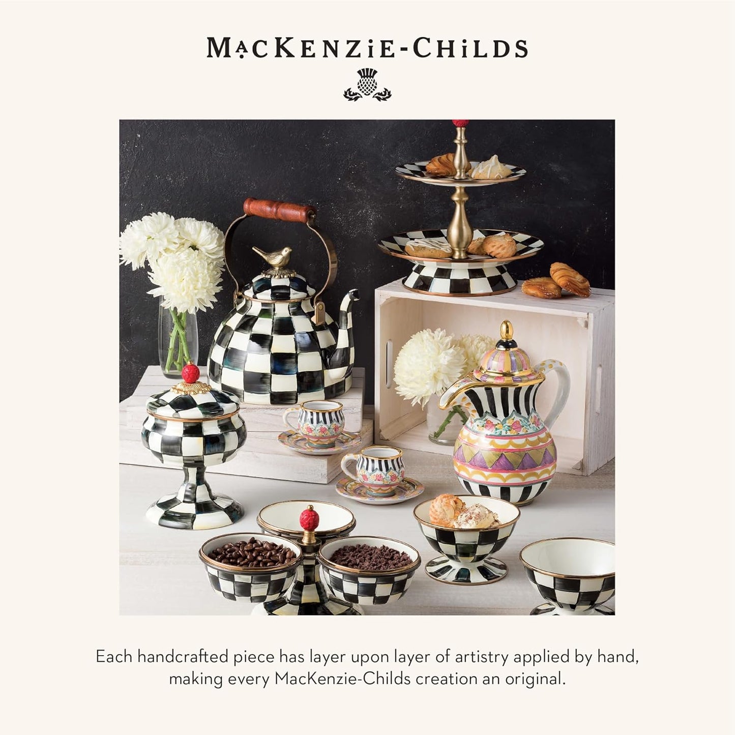 MACKENZIE-CHILDS Enamel Dinner Plate, Decorative Dinnerware Plate, 10 Inches, Set of 4, Black-and-White Courtly Check