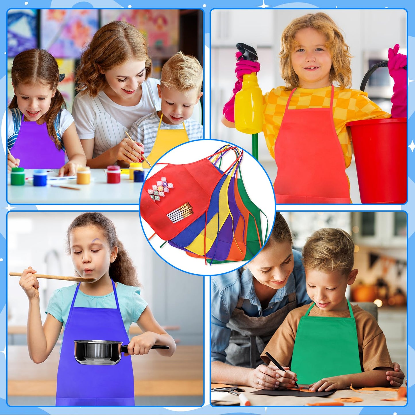 KUUQA 24 Pack Kids Art Apron with Two Pockets Children Painting Aprons for Kids Art Smocks Colorful Bulk for Craft Home Kitchen Classroom Painting Supplies (6 Colors)