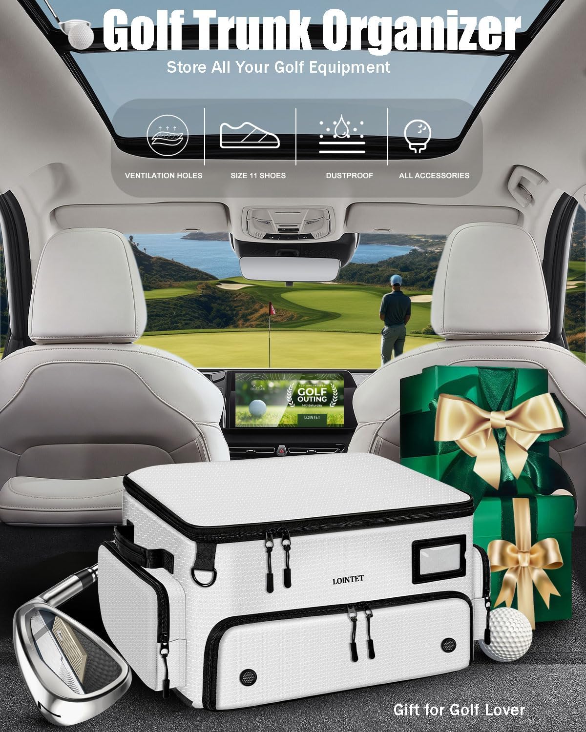 Golf Trunk Organizer, Waterproof Car Golf Locker with Separate Ventilated Compartment for 2 Pair Shoes, Golf Storage for Balls, Tees, Cap, Clothes, Gloves, Accessories, Gifts for Men, Women