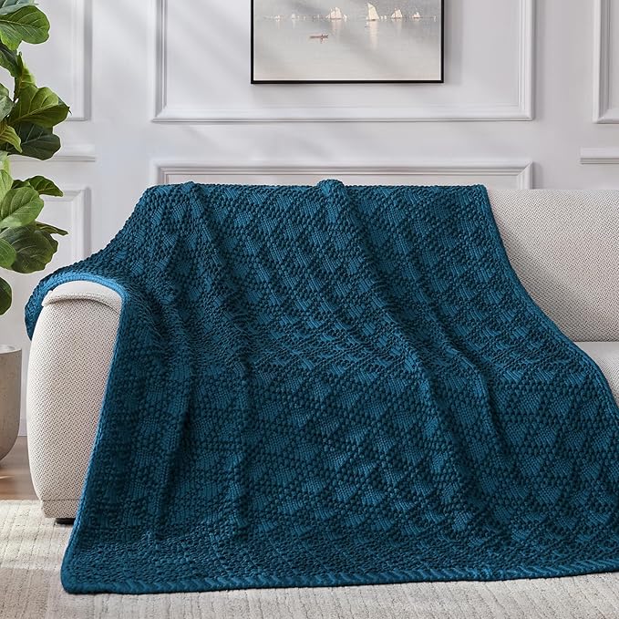 Knitted Weighted Blanket for Adult, Chunky Knit Weighted Throw for Sleep 60"*80" 17lbs, Cooling Breathable Machine Washable Heavy Blanket for Room Decor (Peacock, Queen)