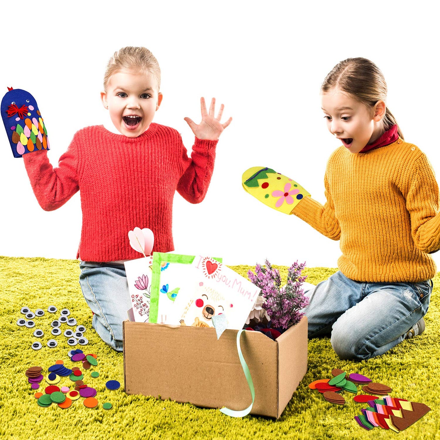 Gejoy 16 Pcs Hand Puppet Making Kit for Kids Felt Sock Puppet Kit Hand Art Craft Toys Kit DIY Your Own Doll Pompoms Googly Eyes Storytelling Role Play Party Supplies