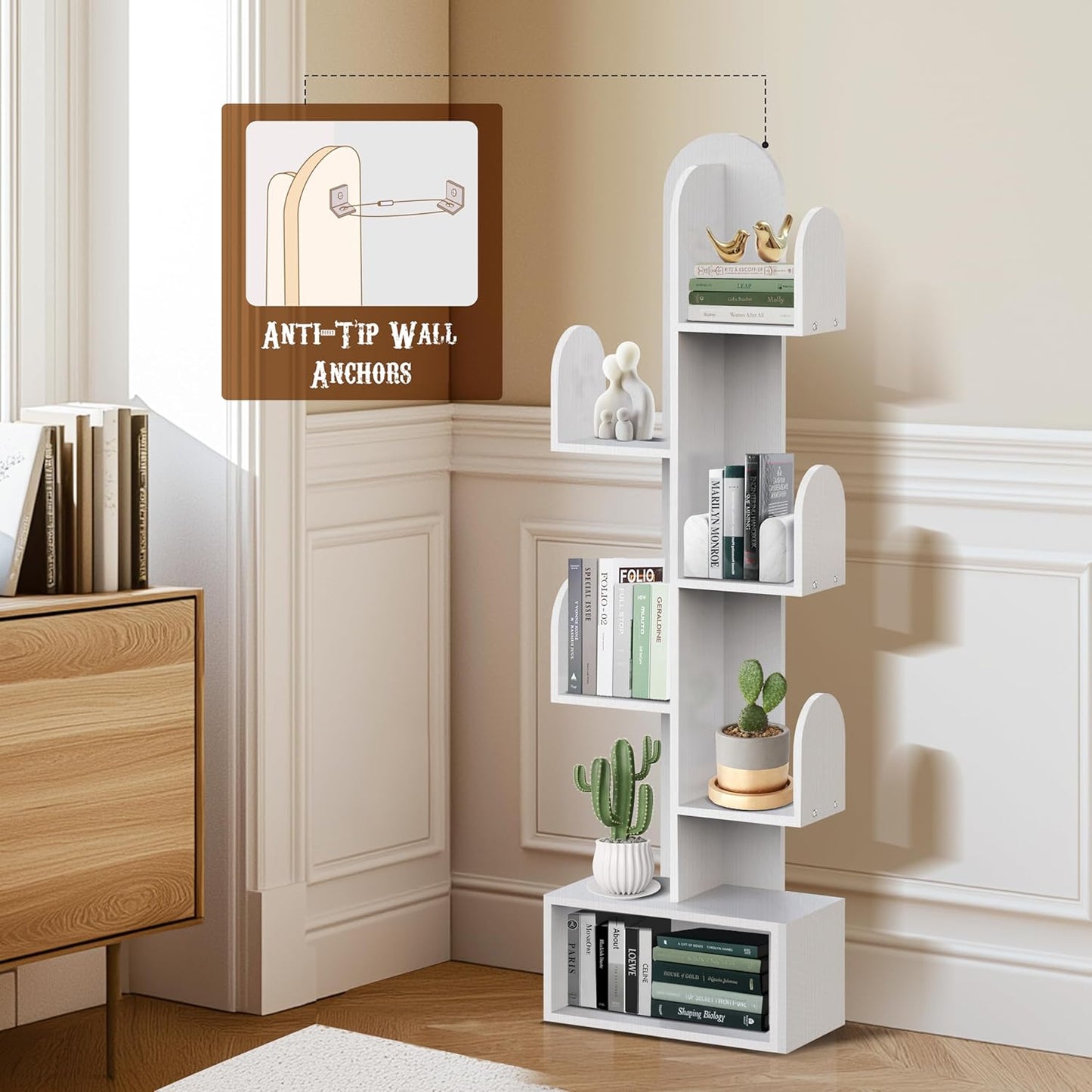 Cactus Tree Bookshelf, 5-Tier Wood 50" Tall Storage Rack for CDs/Movies/Books, Small Space-Saving Organizer Shelves for Living Room, Bedroom, Home Office (Mist Green)