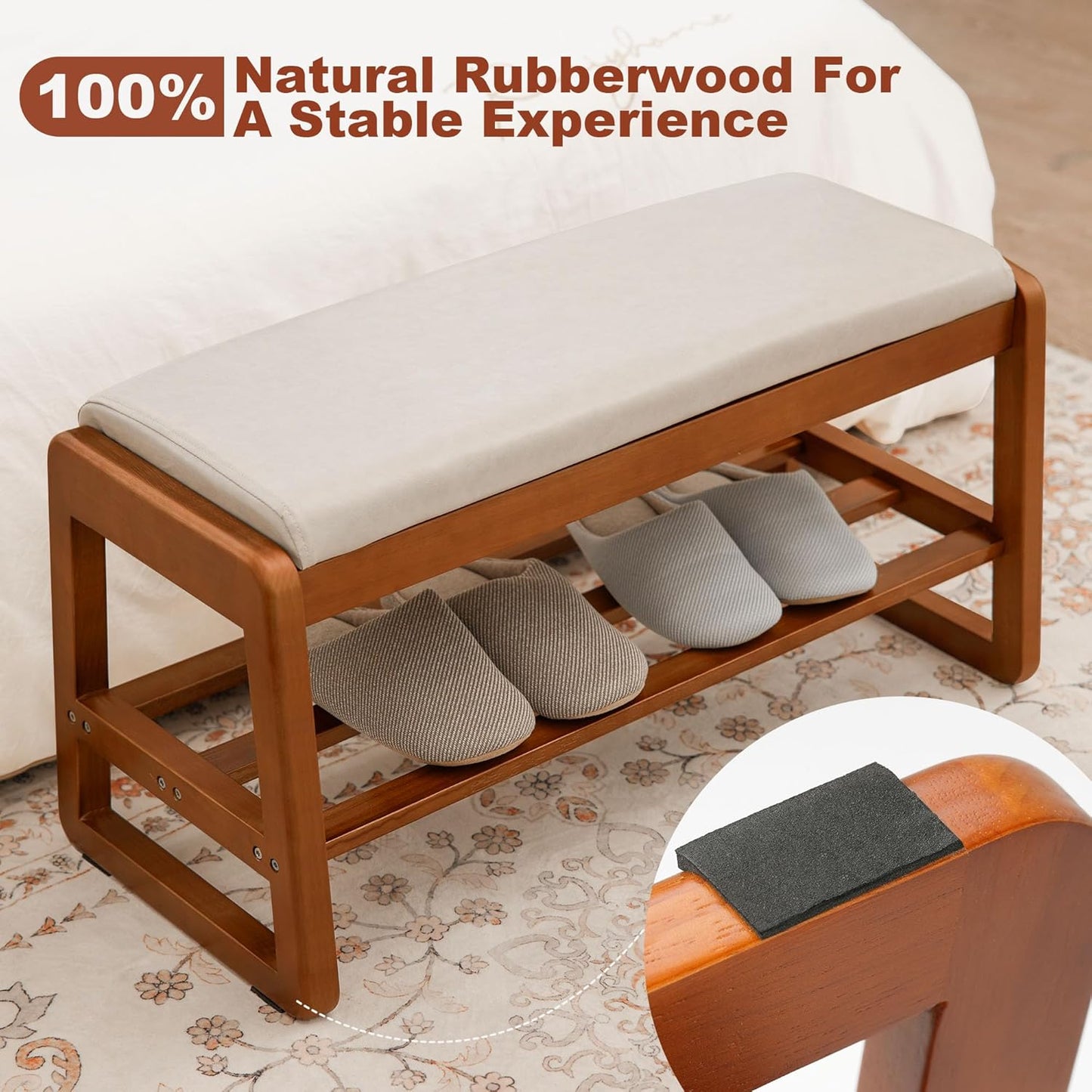 Shoe Bench Storage Rubberwood with Leather Cushion 31.5", Waterproof Easy to Clean 550LBS Organizer Shoe Rack for Entryway, Hallway, Mudroom, Front Door