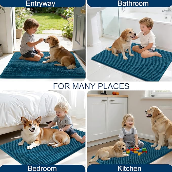 OLANLY Dog Door Mat for Muddy Paws 30x20, Ultra Absorbent Chenille Mud Doormat, Non-Slip Washable and Dirt Trapping Doormat for Indoor Entryway, Quick-Dry Indoor Pet Bed Mats for Dogs, Atlantic Blue