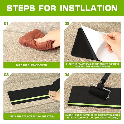 LadyRosian Outdoor Stair Treads Non Slip 10-Pack Black Glow 6" x 24" - Weather Resistant Adhesive Heavy Grip Tape - Waterproof Anti Skid Strips- Glow in The Dark 80-Grit Adhesive Treads