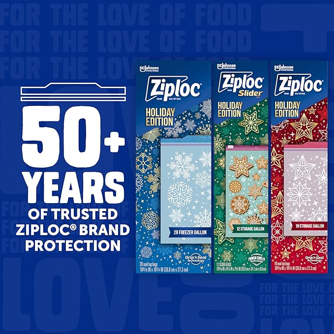 Ziploc Quart Food Storage Bags, Grip 'n Seal Technology for Easier Grip, Open, and Close, 48 Count, Holiday Designs, Packaging May Vary
