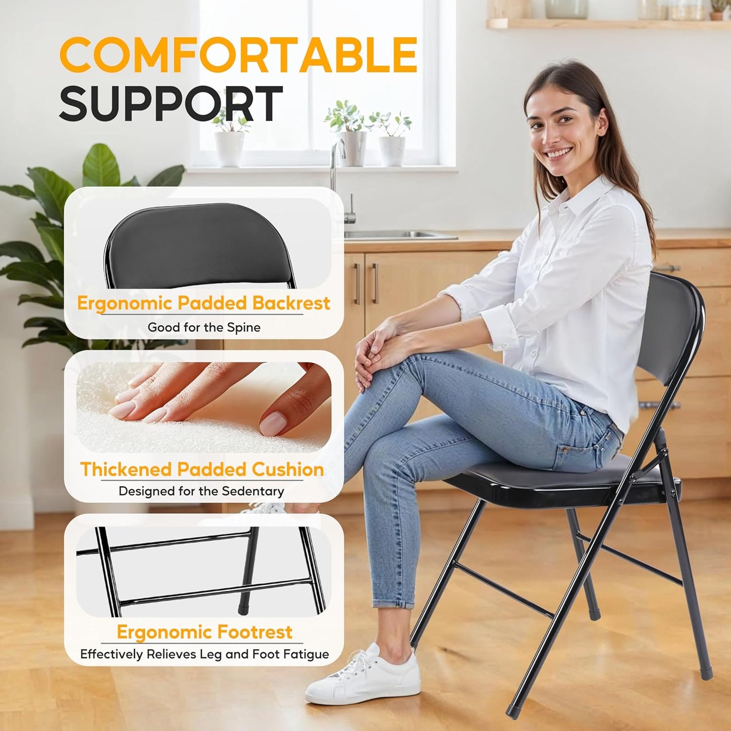 HealSmart Folding Chairs 4 Pcs with Leather Padded Cushion Seats, Back & Sturdy Metal Frame, Stackable, Portable, Commercial Event Seat, Indoor Outdoor for Parties, Home Event, Office, Black
