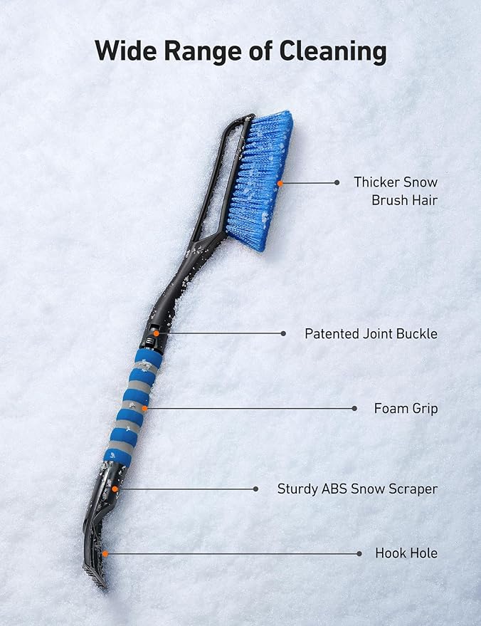 AstroAI 2 Pack 27" Snow Brush and Ice Scrapers for Car Windshield, Detachable Snow Scrapers with Ergonomic Foam Grip for Cars, Trucks, SUVs (Heavy Duty ABS, PVC Brush, Orange)