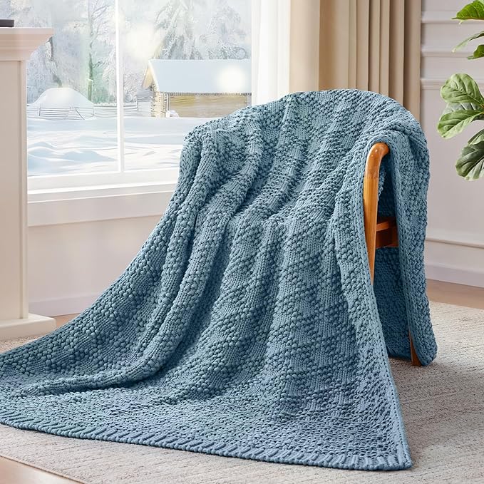 Knitted Weighted Blanket for Adult, Chunky Knit Weighted Throw for Sleep 60"*80" 20lbs, Cooling Breathable Machine Washable Heavy Blanket for Room Decor (HazeBlue, Queen)