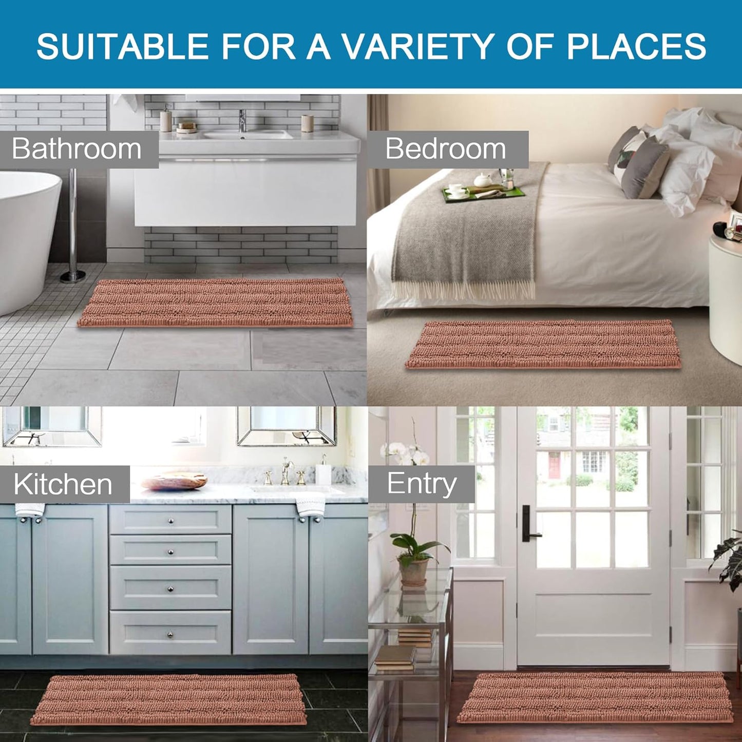 H.VERSAILTEX Bath Rugs for Bathroom Non Slip Bath Mats Extra Thick Chenille Striped Bath Rug Runners 47" x 17" Absorbent Fluffy Soft Shaggy Mats Dry Fast Plush Area Carpet for Bath Room - Muted Clay