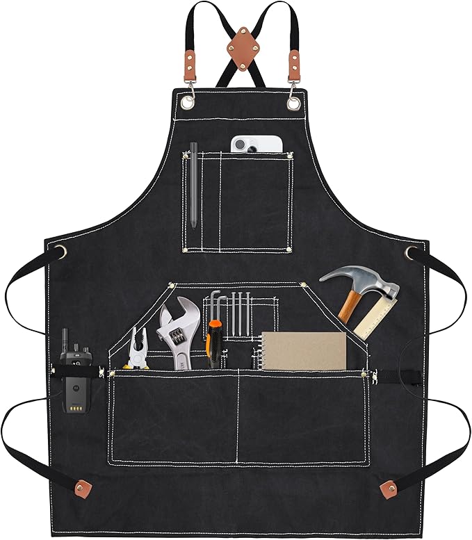 Yxiang Black Handmade Work Apron with 11 Tool Pockets, Heavy Duty Waxed Canvas Workshop Tool Aprons Woodworking Apron