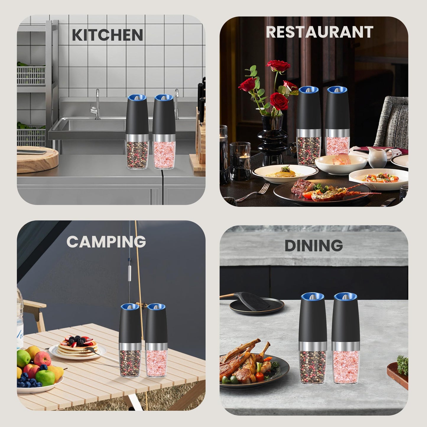 BELRIGO Battery Operated Salt And Pepper Grinder Set with LED Light, Automatic Electric Gravity Salt And Pepper Shakers Set, Each 6 AAA Batteries Needed, Adjustable Roughness, 2 Pack (Black)