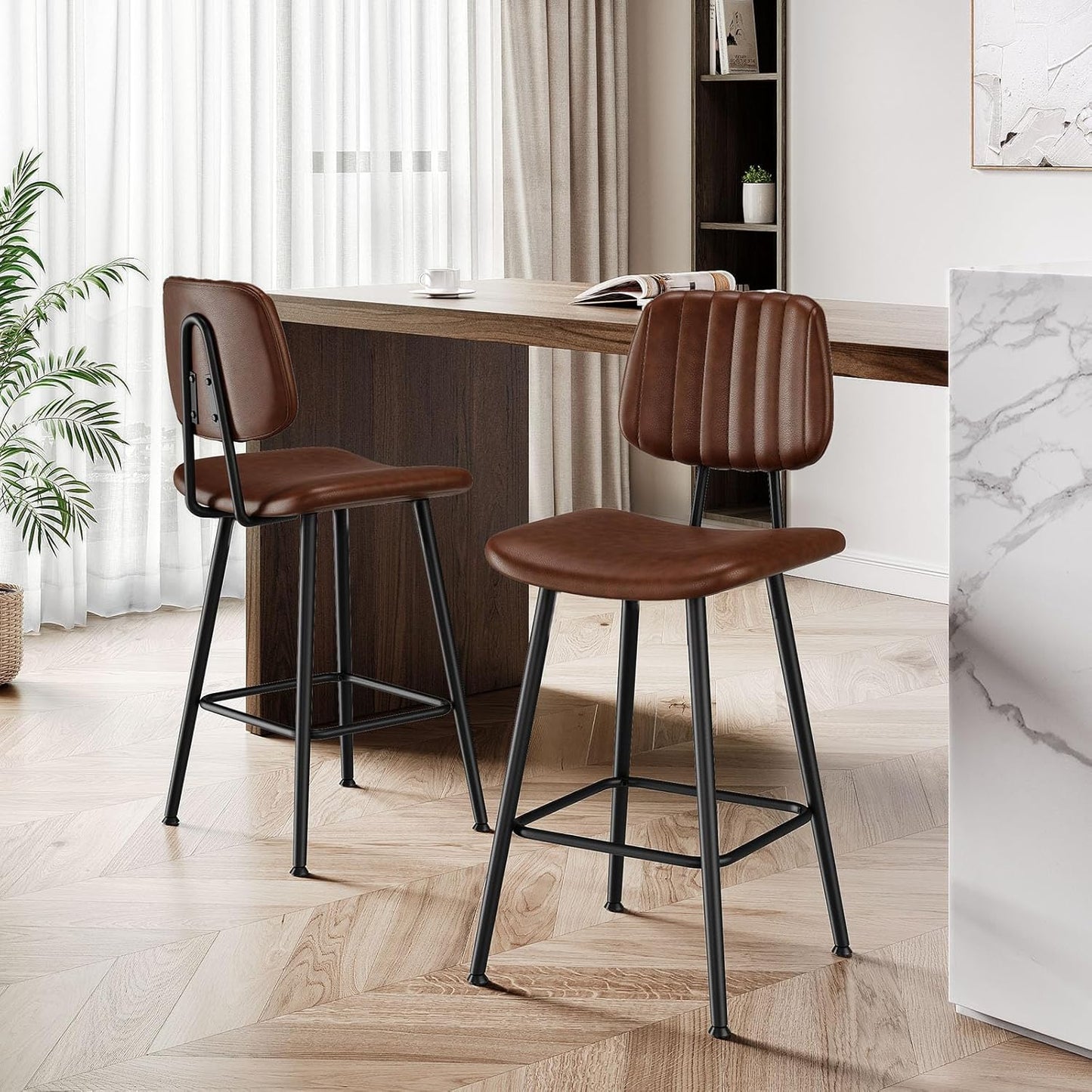 24-Inch Leather Bar Stools Set of 2, Counter Height Barstools with High Backrest,Bar Chairs for Kitchen Island with Heavy Duty Metal Legs, Dark Brown