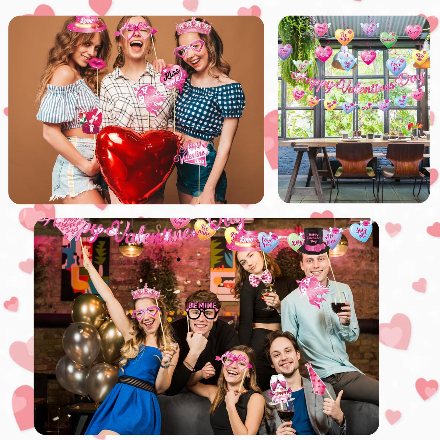 56 Pcs Valentines Party Decorations Kit, Happy Valentine’s Day Banners Hanging Swirls and 30 Pcs DIY Selfie Photo Props Party Supplies, for Wedding Party Home Office Ornaments