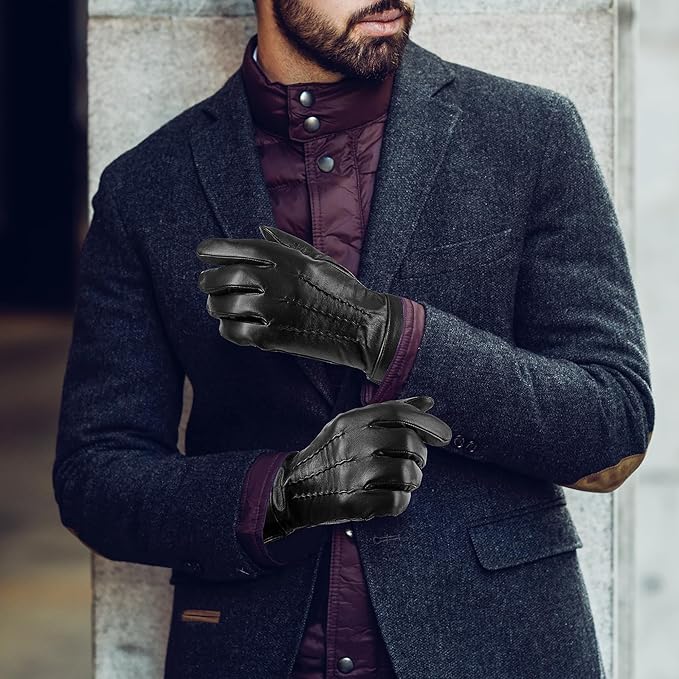 Genuine Sheepskin Leather Gloves for Men, Soft Cashmere Winter Warm Touch Screen Gloves Motorcycle Driving Gloves